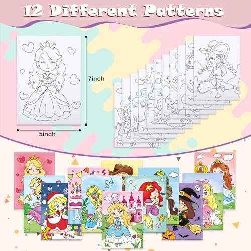 Anseal 12 Packs Princess Pre Drawn Canvas to Paint, 5" X 7" Pre Printed Canvas for Kids Outline Painting Boards for Beginners, Students, Party Favor - color: Princess