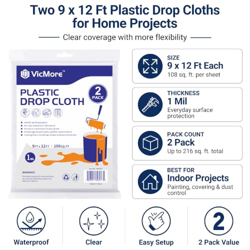 VICMORE Clear Plastic Drop Cloths 9 x 12 Ft, 1 Mil, 2 Pack | Two Clear PE Drop Cloths for Painting, Floor and Furniture Cover, Waterproof Barrier, Dust Control, and Easy Cleanup