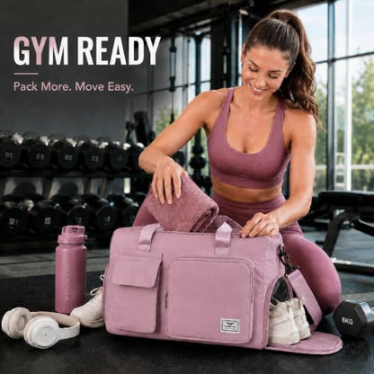 FIORETTO Women's Gym Duffle Bag with Shoes Compartment, 30L Capacity, Ideal for Travel, Gym, Sports, Duffel, Weekender - color: Grayish Pink, style: Gym Bag