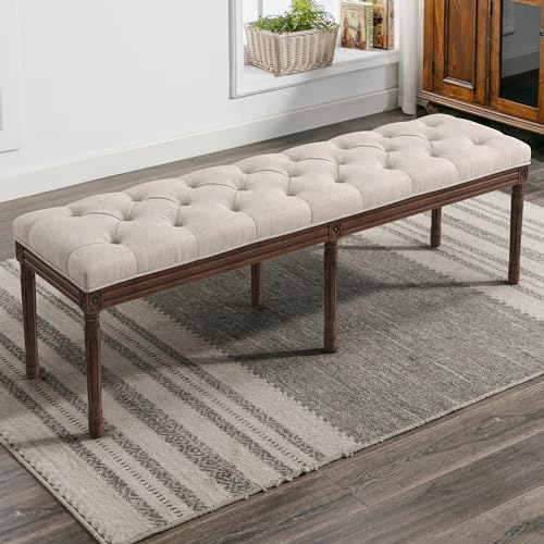 LUE BONA 60" Fabric End of Bed Bench, Upholstered Tufted French Bedroom Bench with Carved Dark Brown Legs for Bedroom End of King Size Bed, Living Room, Linen - color: Linen and Dark Brown, size: 60''