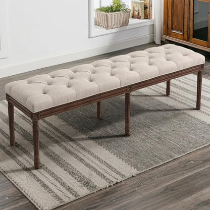 LUE BONA 60" Fabric End of Bed Bench, Upholstered Tufted French Bedroom Bench with Carved Dark Brown Legs for Bedroom End of King Size Bed, Living Room, Linen - color: Linen and Dark Brown, size: 60''