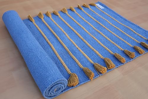 Jaipur art & Rugs Cotton Yoga Mat - Eco-Friendly Hand-Woven Rug - Non Slip & Thick (24”x72”x5mm) for Everyday Fitness at Home - Comfortable Extra-Long - color: Yellow Blue