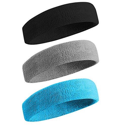 BEACE Sweatbands Sports Headband for Men & Women - Moisture Wicking Athletic Cotton Terry Cloth Sweatband for Tennis, Basketball, Running, Gym, Working Out - color: Black/Gray/Blue