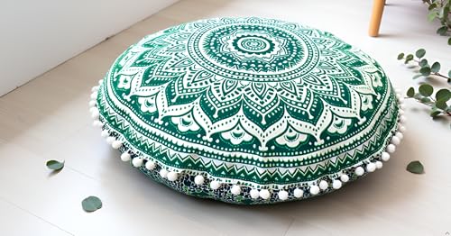 CRAFT KALA 22" IN Round Mandala Floor Pillow Cushion Cover Seating Throw Cover Hippie Decorative Bohemian Ottoman Poufs Cover Pom Pom Pillow Cases Boho Indian Cotton Living Room Home Décor Green Ombre - color: Green Ombre