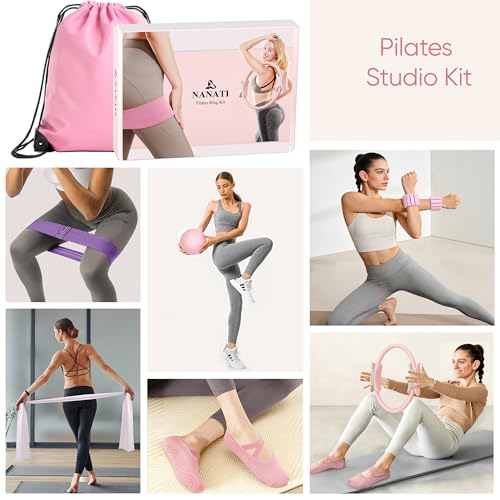 NANATI Pilates Kit, Home Pilates Workout Kit for Women, Pilates Equipment with 14.5"" Pilates Ring and Ball, Resistance Bands, Ankle Weights, Sliders & Grip Socks for Home Workouts - color: New Pink