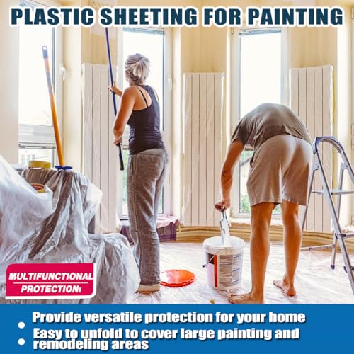 12 x 9 Ft Plastic Drop Cloths (4 - Pack) - Painter Plastic Drop Cloths Sheet - Waterproof Anti-dust Cover - Painter's Sheeting & Tarps for Painting - Waterproof Furniture/Couch/Floor Protection