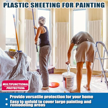 12 x 9 Ft Plastic Drop Cloths (4 - Pack) - Painter Plastic Drop Cloths Sheet - Waterproof Anti-dust Cover - Painter's Sheeting & Tarps for Painting - Waterproof Furniture/Couch/Floor Protection