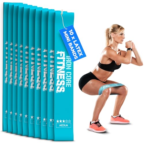 Latex Mini Resistance Bands Sets for Trainers, Bootcamp, Gym for Men and Women in Fun Colors - Ebook, Videos and Workout Chart Included by Iron Core Fitness - color: #3 Aqua Turquoise, 10 x Medium