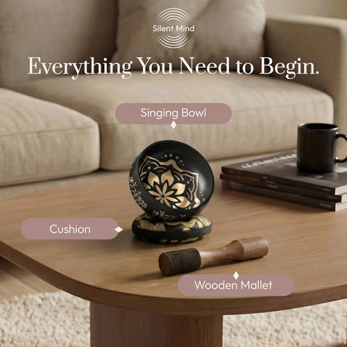 Silent Mind Tibetan Singing Bowl Set – Easy to Play & Beginner Friendly Meditation Bowl with Cushion & Mallet | Stress Relief & Mindfulness | Gift-Ready - color: Coal Black, size: Without Case