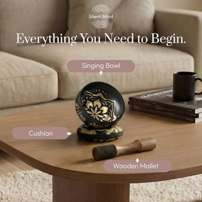 Silent Mind Tibetan Singing Bowl Set – Easy to Play & Beginner Friendly Meditation Bowl with Cushion & Mallet | Stress Relief & Mindfulness | Gift-Ready - color: Coal Black, size: Without Case