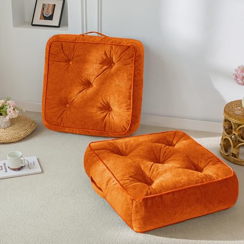 6" Extra Thick Floor Pillow Cushion for Adults, Meditation Cushion Pillow with Handle, Lustrous Chenille Tufted, Square Floor Sitting for Tatami Living Room or Yoga, 22x22 Inch, 2Pack, Orange