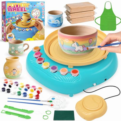 Pottery Wheel for Kids, Complete Kit with Air-Dry Clay, Ages 8-12 | Beginner pottery kit with air-dry clay, 12 paints, clay tools and apron - no kiln needed, screen-free craft gift ages 8-12 - color: Blue