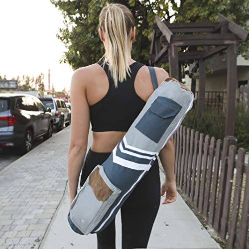 Open Road Goods Eco Friendly Yoga Mat Bag | Organic Yoga Bag For Extra Wide Mats | Yoga Mat Carrier for Men & Women: Full Zip, Adjustable Carry, Pockets, 100% Cotton Canvas - color: Blue and Grey