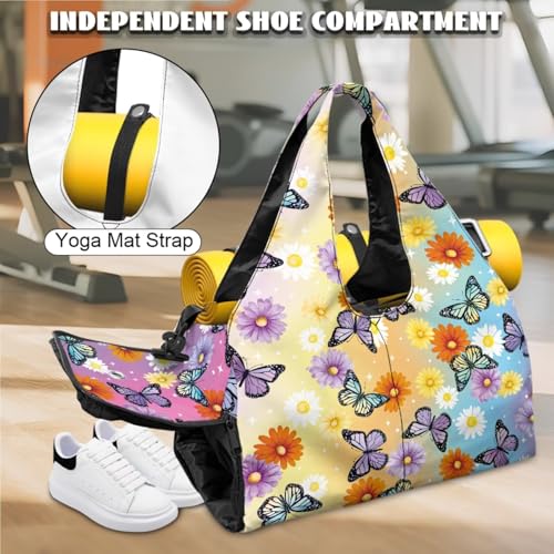 Yoga Gym Bag with Removable Adjustable Shoulder Strap, Shoe Compartment & Top Yoga Mat Holder 17.72x8.66x9.84in - color: Butterfly Daisy Gradient Print