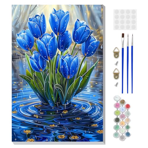 DOMROM Framed Paint by Numbers Kit for Adults, Blue Tulip Flower DIY Paint by Number Kits on Canvas, Easy Canvas Painting by Numbers for Home Wall Decoration Gift 8x12 Inch - color: OMQ069