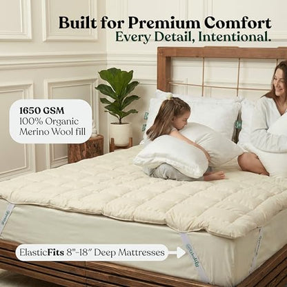 Woolify Organic Merino Wool Mattress Topper 1650 GSM - Pillow Top Mattress Pad, Handmade, Non-Toxic, Cooling and Hypoallergenic Wool Topper for Back Pain Relief (Twin XL) - size: Twin XL