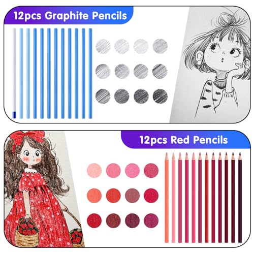 Professional Drawing Set,12 Colored Pencils,12 Graphite Pencils,Eraser,Case | Portable Travel Colored Pencil Case,Sketching Shading Blending Art Supplies,Gifts for Artists Adults Beginners.Red Black - color: Set-Red
