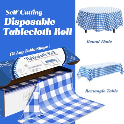 Disposable Blue & White Checkered Plastic Table Cover Roll 54in X 240ft - Heavy Duty Waterproof Tablecloth with Easy Slide Cutter for Parties, Picnics & Barbecues - color: Blue Checkered, size: 2880" x 54" (Rectangular)