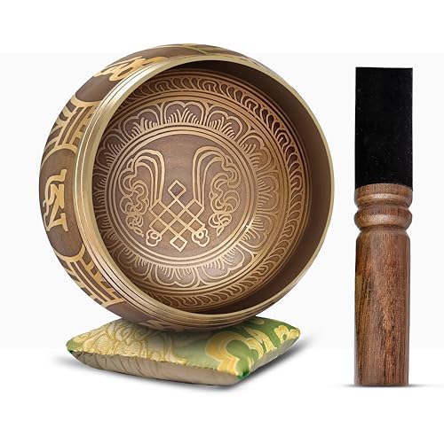 Tibetan Singing Bowl Set - Easy To Play Authentic Handcrafted For Meditation Sound Bowl Chakra Yoga Healing 4 Inches By Himalayan Bazaar (Gold & Green) - color: Gold - Green