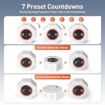 Secura Pomodoro Timer with 1/3/5/10/15/30/60 Min Presets, 3 Level Volume - color: White