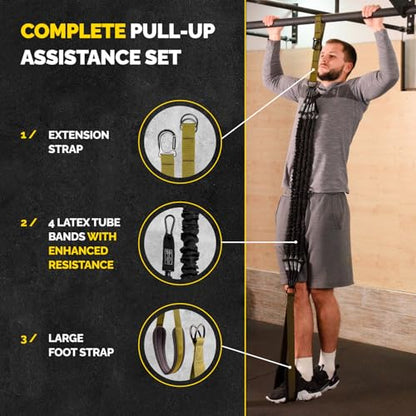 Pull Up Assistance Bands Set with 4 Levels, Adjustable Strap and Foot Rest | 50–200 lb stackable pull-up assistance, nylon-sleeved bands, adjustable support, reduced snap-back risk - color: Military Green