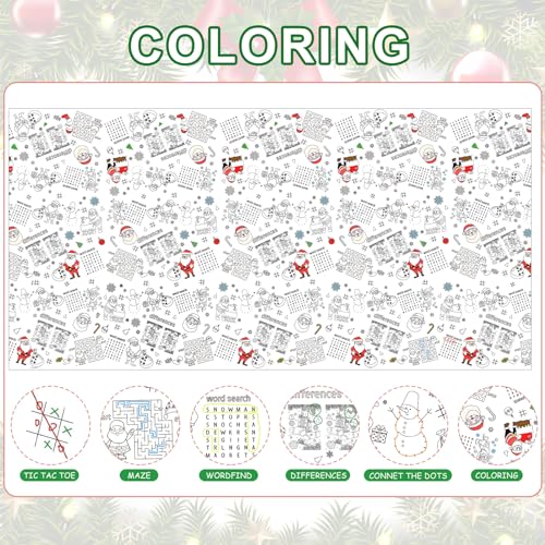 Whaline Christmas Coloring Tablecloth 54 x 108 Inch 6 Games Xmas Santa Claus Themed Color-in Paper Disposable Table Cover for Winter Holiday Birthday Party Supplies Set