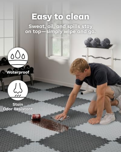 AIRHOP Upgraded 0.79" Extra Thick 48 Sq Ft High-Density Eva Foam Exercise Gym Mats, 12 Pcs Large Interlocking Puzzle Floor Tiles (24"x24") for Home Gym - color: Black/Gray