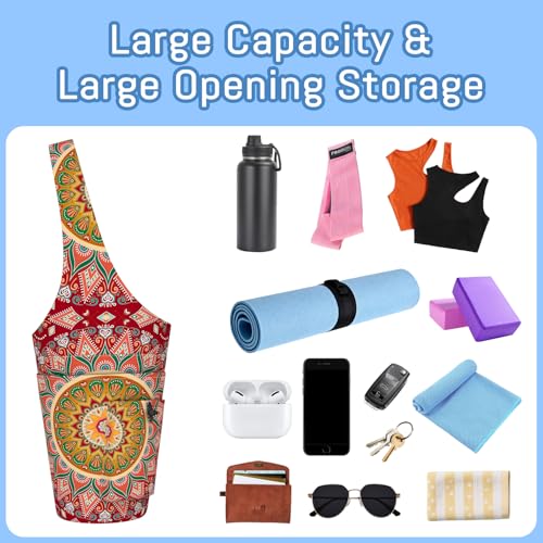 Mandala Yoga Mat Bag with Large Waterproof Zipper Pocket and Drawstring Pocket Long Tote Yoga Mat Carrier Holder Bags Fit Most Size Mats - color: Red
