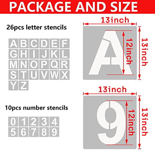 YEAJON 13 Inch Letter Stencils and Numbers, 36 Pcs Alphabet Art Craft Stencils, Reusable Plastic Templates for Wood, Wall, Fabric, Rock, Signage, DIY Art Projects - size: 13 Inch