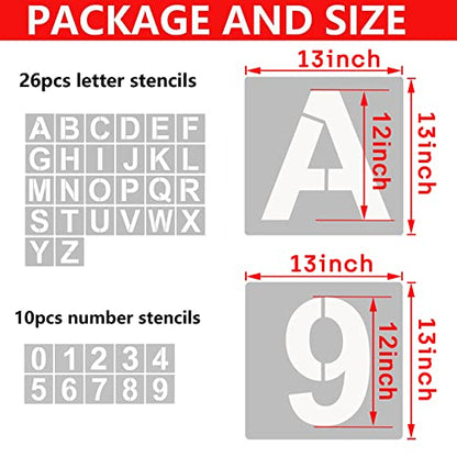 YEAJON 13 Inch Letter Stencils and Numbers, 36 Pcs Alphabet Art Craft Stencils, Reusable Plastic Templates for Wood, Wall, Fabric, Rock, Signage, DIY Art Projects - size: 13 Inch