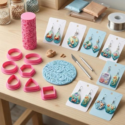 Summer Ocean Polymer Clay Texture Roller Underwater Oceanic Marine Life Jellyfish Coral Starfish Shell Texture Roller for Clay Geometric Polymer Clay Cutters Set Earring Jewelry Making Crafts Tools