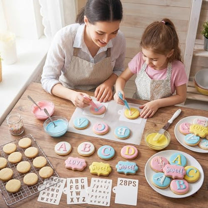 28PCS Alphabet Number Stencils for Baking, Reusable PET Letter Symbols Drawing Templates, DIY Decorating Stencils for Cookie, Wood, Canvas, Wall, Scrapbook, Journal, Gift Card (5.5x5.5Inch)