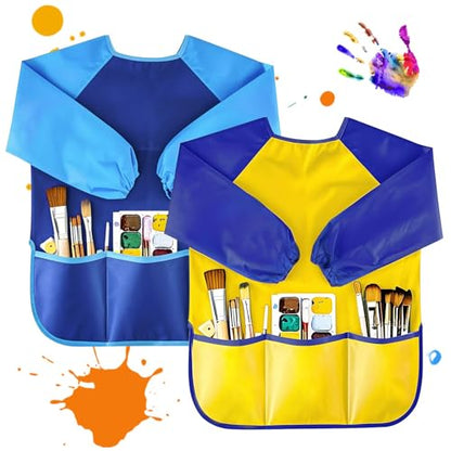 Kids Art Smocks 2 Pack, Toddler Smock Waterproof Artist Painting Aprons Long with Long Sleeve & 3 Pockets for Age 3-8
