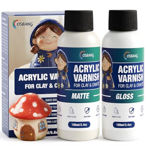 OSBANG Air Dry Clay Glaze Kit, 2-Pack 100ml Gloss and Matte Clear Varnish Top Coat, Protective Sealer for Air-Dry Clay, Polymer Clay and Acrylic Paintings, for Crafts and DIY Projects - size: Gloss+Matte