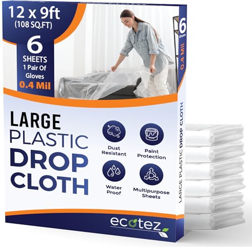 6 Pack 12 x 9 ft Extra Large Plastic Drop Cloth for Painting | Light & Durable Tarp Cover for Furniture Plastic Clear Tarp Waterproof - Paint Floor Covering - Painters Drop Cloth Sheeting - size: 6 Pack