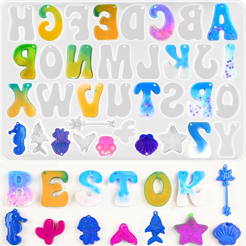 Resin Alphabet Molds with Hole, Uppercase Letters Crafting Molds | Reversed Alphabet Silicone Mold for Epoxy Resin Casting, Letter Resin Keychain Jewelry Pendant DIY Birthday Party Gift Making - color: 1PCS Ocean Alphabet Molds with Hole