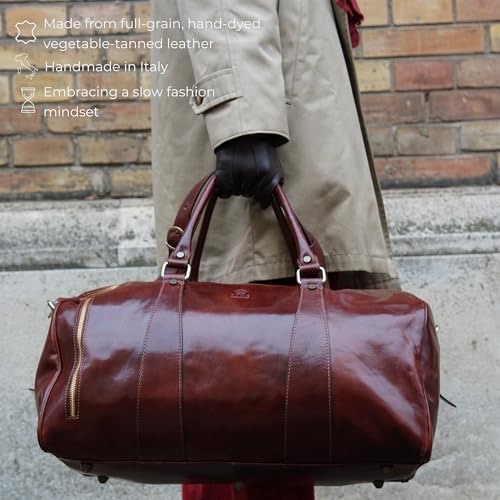 Time Resistance Leather Duffel Bag - Large Weekend Gym Travel Bag (Brown) - color: Dark Brown