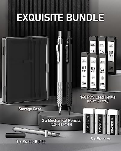 2PCS Metal Mechanical Pencil Set, 0.5mm+0.7mm, Storage Case, Black＆Silver | 360 Lead Refills, 3 Erasers, 9 Eraser Refills, Smooth Writing, Anti Grip, for Sketching, Technical Drawing, Art Projects - color: Silver+Black (2PCS)