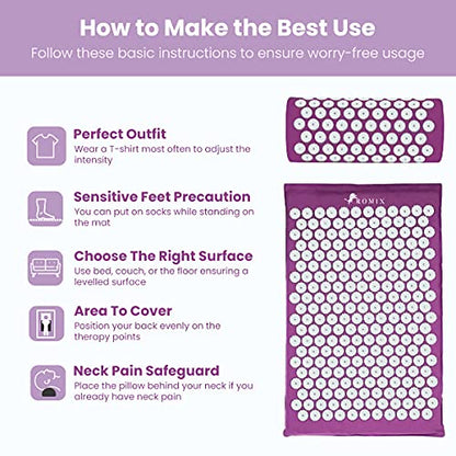 ROMIX Acupressure Mat And Pillow Set, Back Neck And Shoulder Pain Relief | Stress Reduction, Muscle Relaxation, Wellness Therapy, Carry Bag, For Men And Women, Home Use, Acupuncture Mat Set - color: Purple