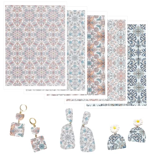 HOBBIESAY 5Pcs Polymer Clay Transfer Sheets Floral Transfer Paper Pottery Underglaze Papers Plant Natural Clay Transfer Papers Boho for Polymer Clay Earrings Jewelry Design - color: Blue