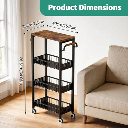 4 Tier Rolling Cart, Metal Utility Slim Storage Carts with Wheels, Small Mobile Shelf Unit Organizer Trolley with Handle and Wood Top, Rolling Cart for Laundry, Bathroom, Kitchen