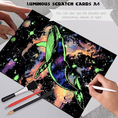 Scratch Paper Art for Adults Crafts, Glow in the Dark, A4/8 Sheets | Luminous Rainbow Scratchboard Art Kit, Calming Craft Activity for Adults Teens, Anxiety Relief Hobby, Creative Gift - style: Butterflies and Blue Whales