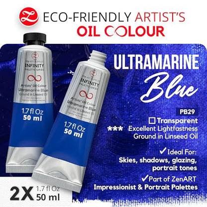 ZenART Professional Oil Paint Set - Artist Grade Ultramarine Blue - 2x50ml | Non-Toxic, Buttery Consistency, Rich Pigment, Lightfast Oil Paints for Primed Surface Canvas, Fine Art, Portraits & Landscape - color: Ultramarine Blue