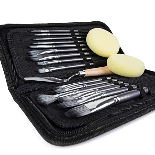18 Piece Paint Brush Set, ARTIFY 15 Acrylic Paint Brushes, Palette Knife, and 2 Sponges, Professional Artist Paint Brushes for Acrylics, Watercolors, Gouache, Canvas, and Face Painting, Grey - color: Gray, size: 18 Pcs