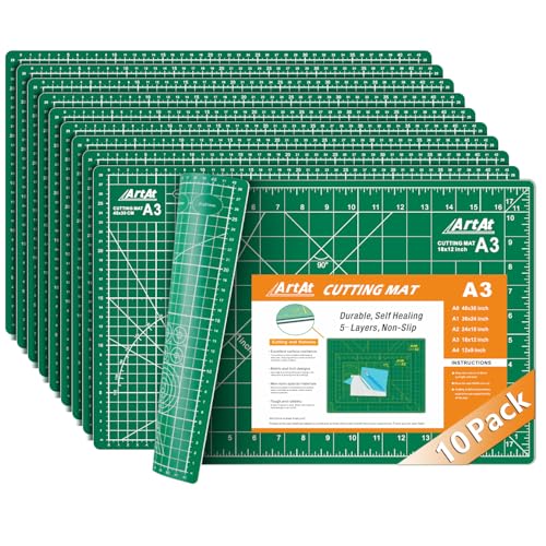 ArtAt Self Healing Cutting Mat:【10 Pack Cutting Mat 12″x 18″】 Green Double Sided Non-Slip 5 Layers PVC Durable Craft Sewing A3 Mat for Rotary Cutter - color: Green, size: 18"L x 12"W（10pcs）