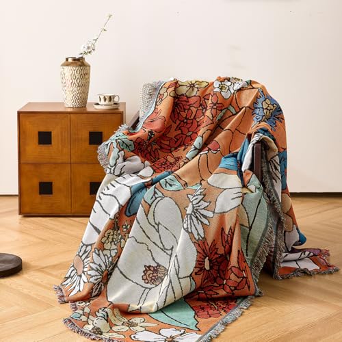 VANJOROY Boho Throw Blanket, 100% Handwoven Cotton Southwestern Farmhouse Floral Decor Reversible Blanket, All Season Throw for Sofa Bed Tapestry Outdoor Camping Picnic 71″×134″ - color: Orange Flower, size: 71″×134″