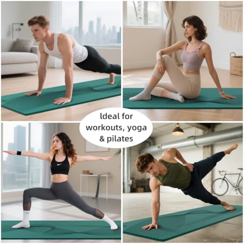 ILILI Exercise Mat 72''x25''×0.3''(8MM) | Compact Eco Friendly TPE Yoga Mat for Pilates & Fitness, Tear Resistant with Carry Strap for Home Gym Studio Stretching - color: peacock green