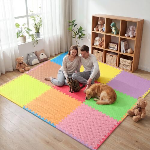 9 Pack 24 x 24'' Interlocking Puzzle Playmat 36 Sq.Ft EVA Foam Exercise Mat Floor Tiles with 16 Borders Non Slip Colorful Large Foam Mats for Home Gym Playroom Flooring Workout Studio