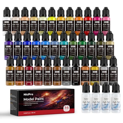 Nicpro 36 Colors Model Paint Set, 20ml Ready to Use Modeling Acrylic Paints | Brush & Airbrush Compatible, Miniature Paint Set for Beginner & Professional on Model, Scale Figure, Crafts, with 4 Thinner - style: 36 Colors Set