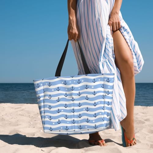 Large Beach Bag for Women Waterproof Foldable Travel Shoulder Tote Bag with Pocket for Weekender Pool Vacation - color: Anchor Blue